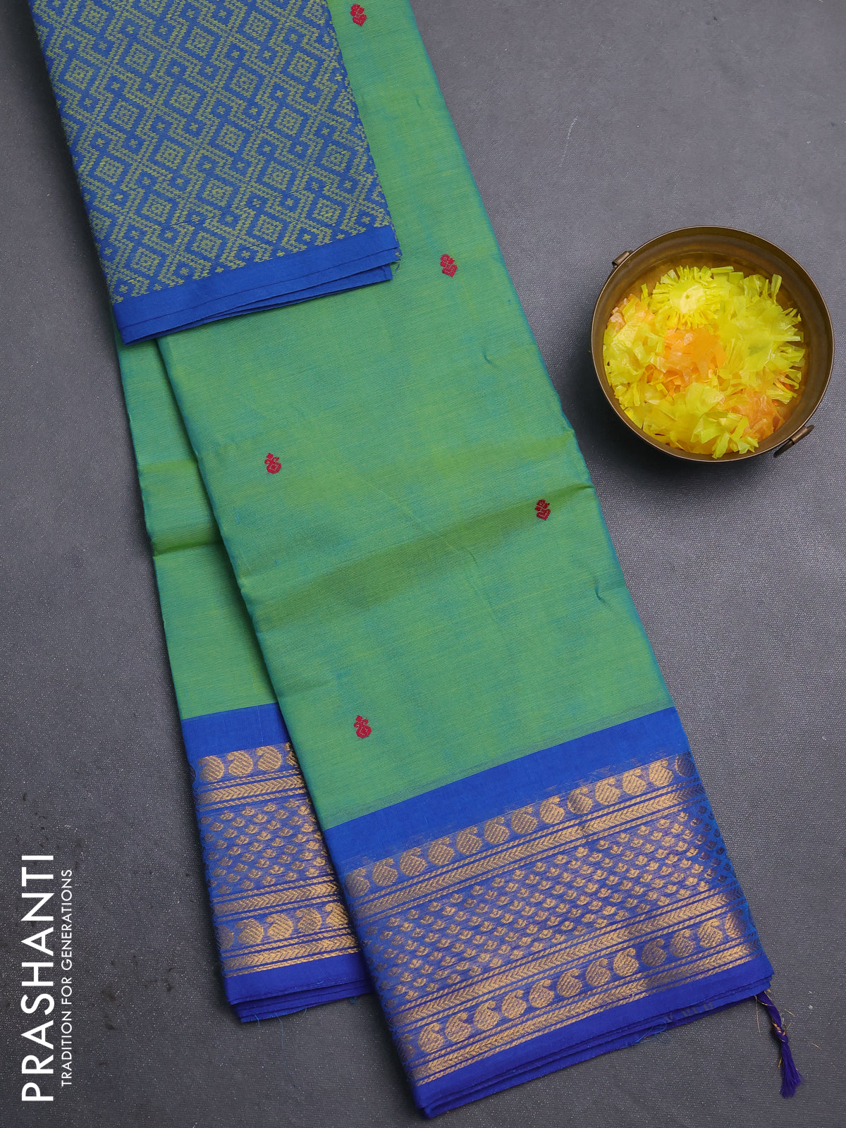 Chettinad cotton saree dual shade of green and blue with thread woven buttas and zari woven border