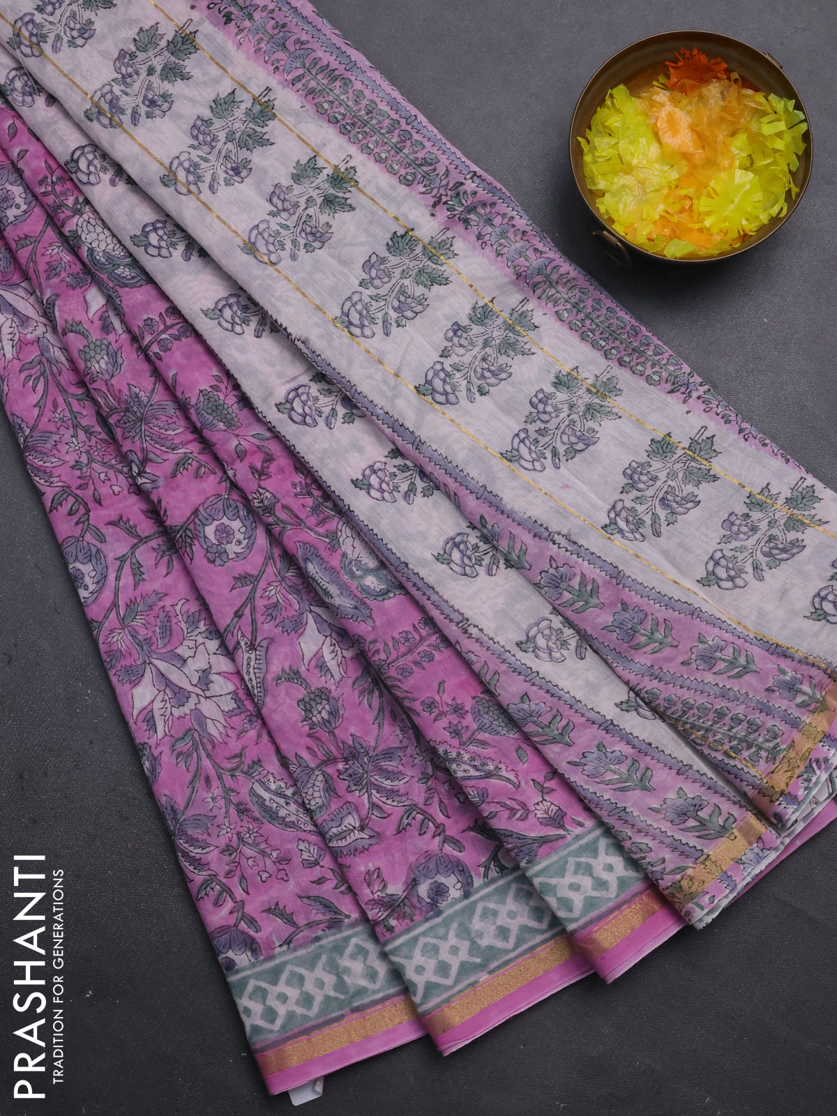 Chanderi bagru saree lotus pink with allover kalamkari prints and small zari woven border