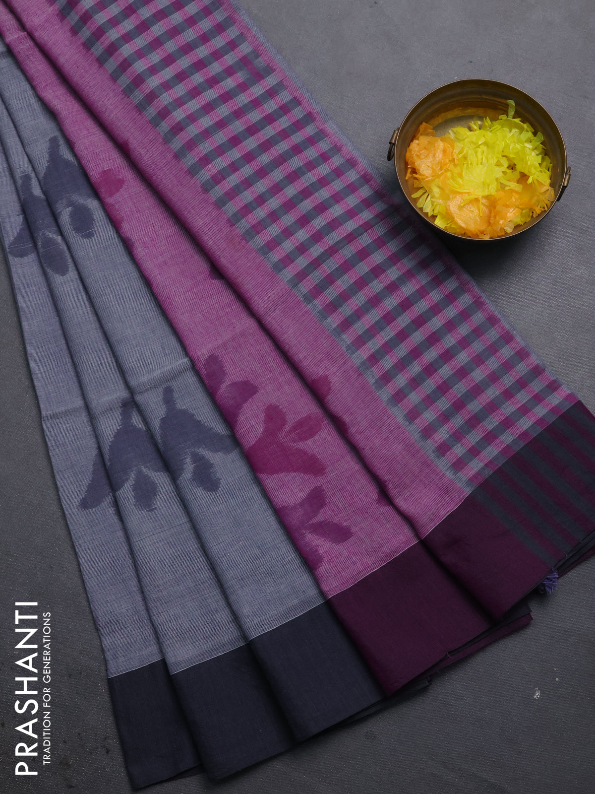 Bengal soft cotton saree grey and purple with allover butta weaves and simple border