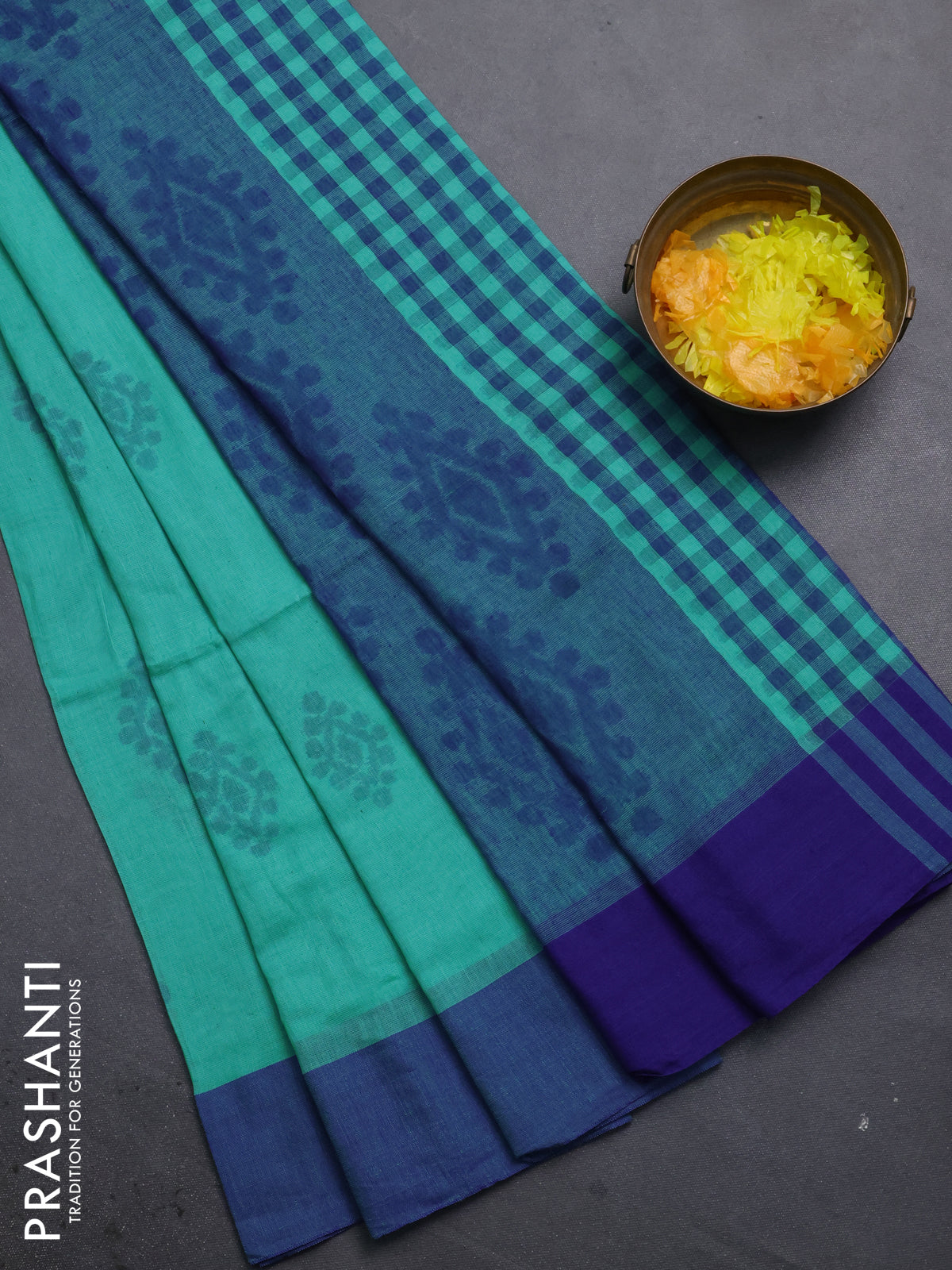 Bengal soft cotton saree teal green shade and blue with allover butta weaves and simple border