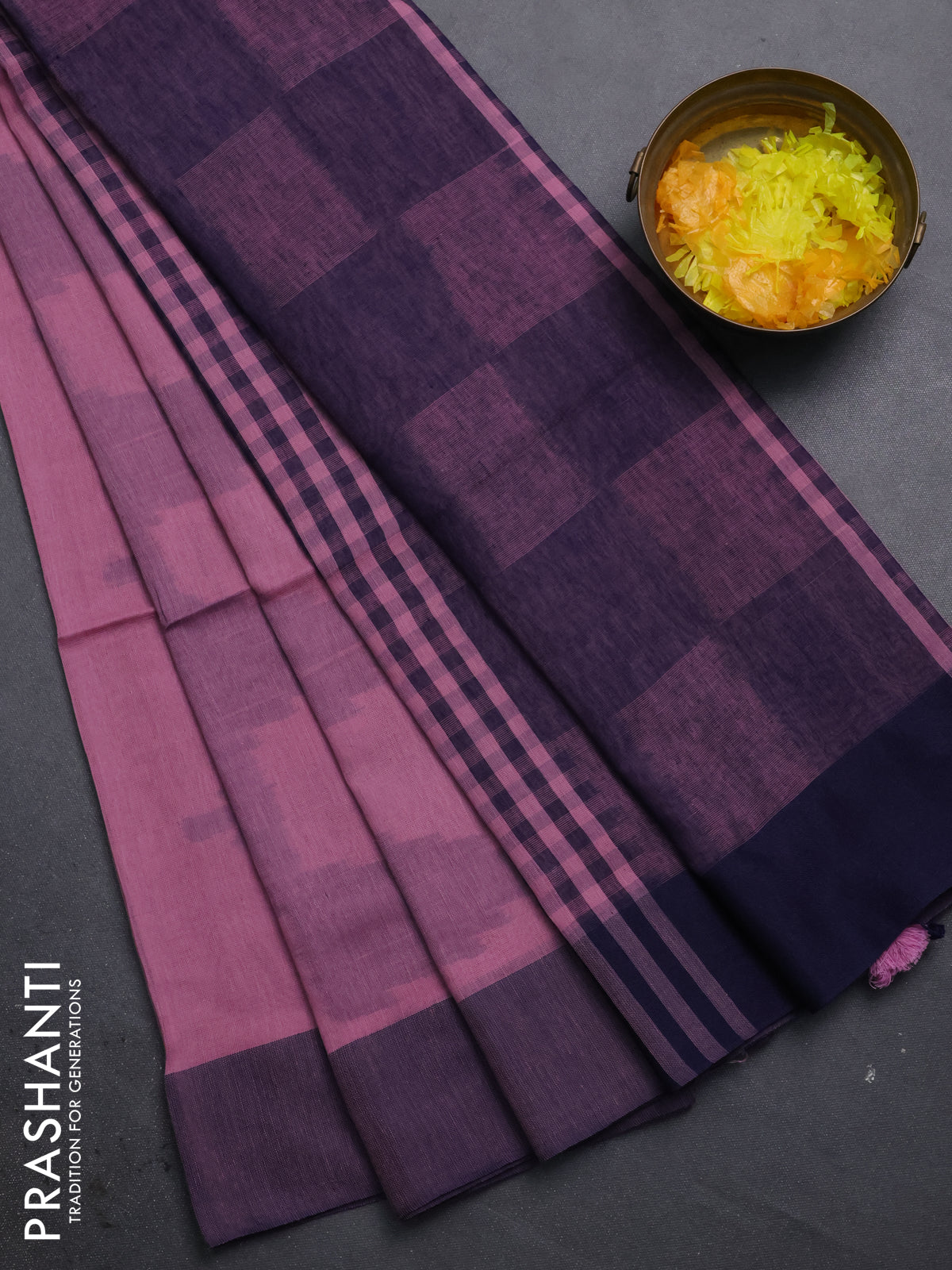 Bengal soft cotton saree pastel pink and navy blue with allover weaves and simple border