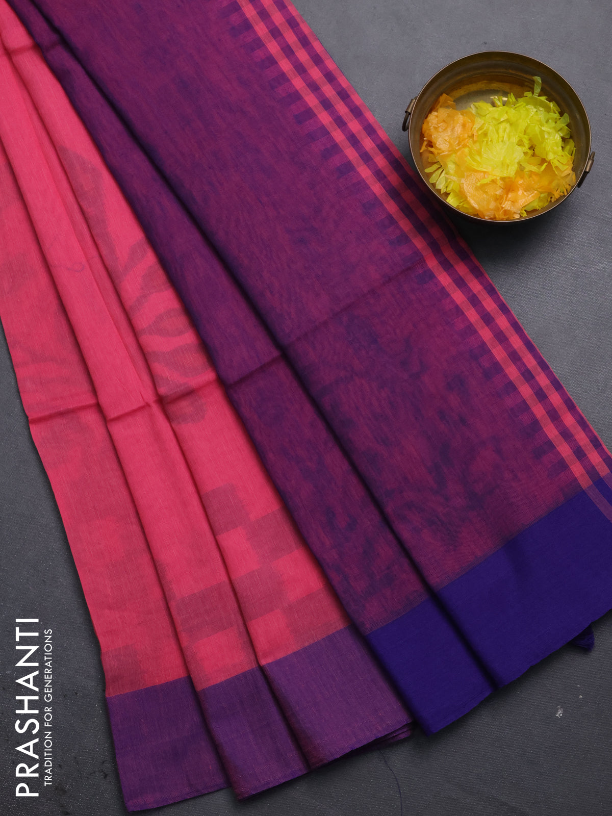 Bengal soft cotton saree peach pink and blue with allover weaves and simple border