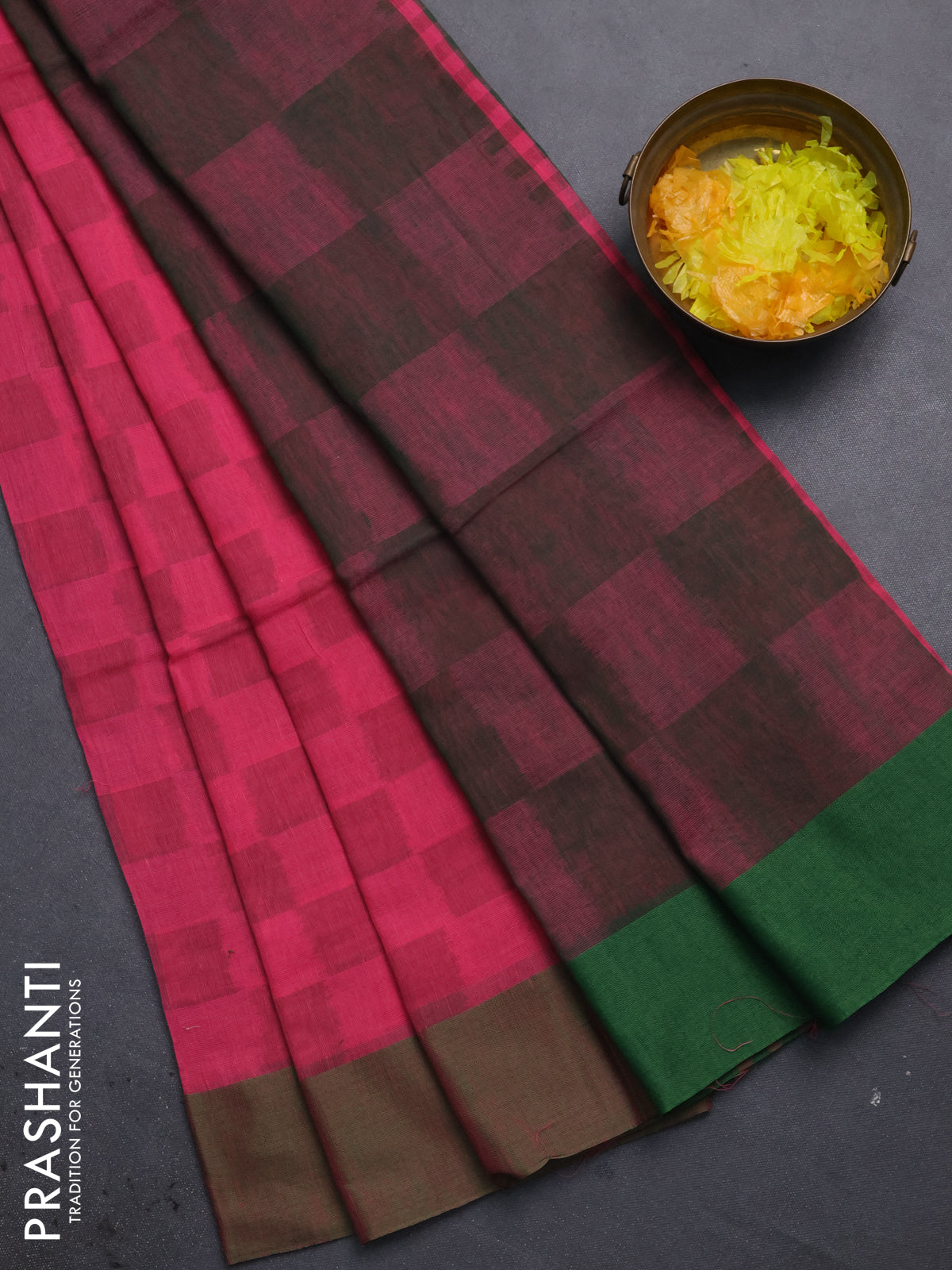 Bengal soft cotton saree peach pink and green with allover weaves and simple border