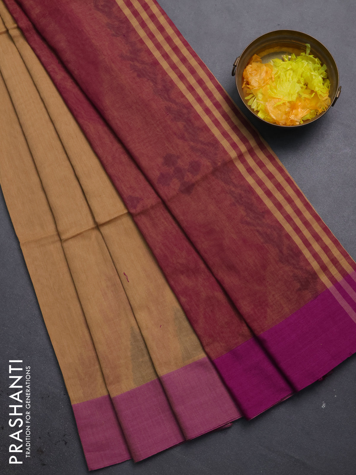 Bengal soft cotton saree sandal and purple with allover butta weaves and simple border