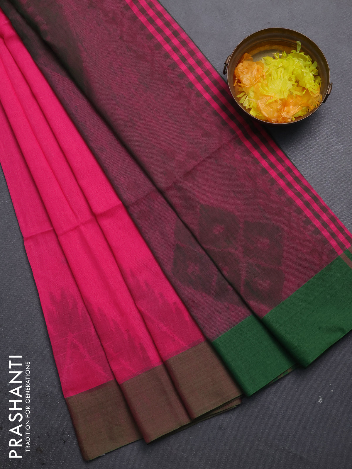 Bengal soft cotton saree peach pink and green with allover butta weaves and simple border