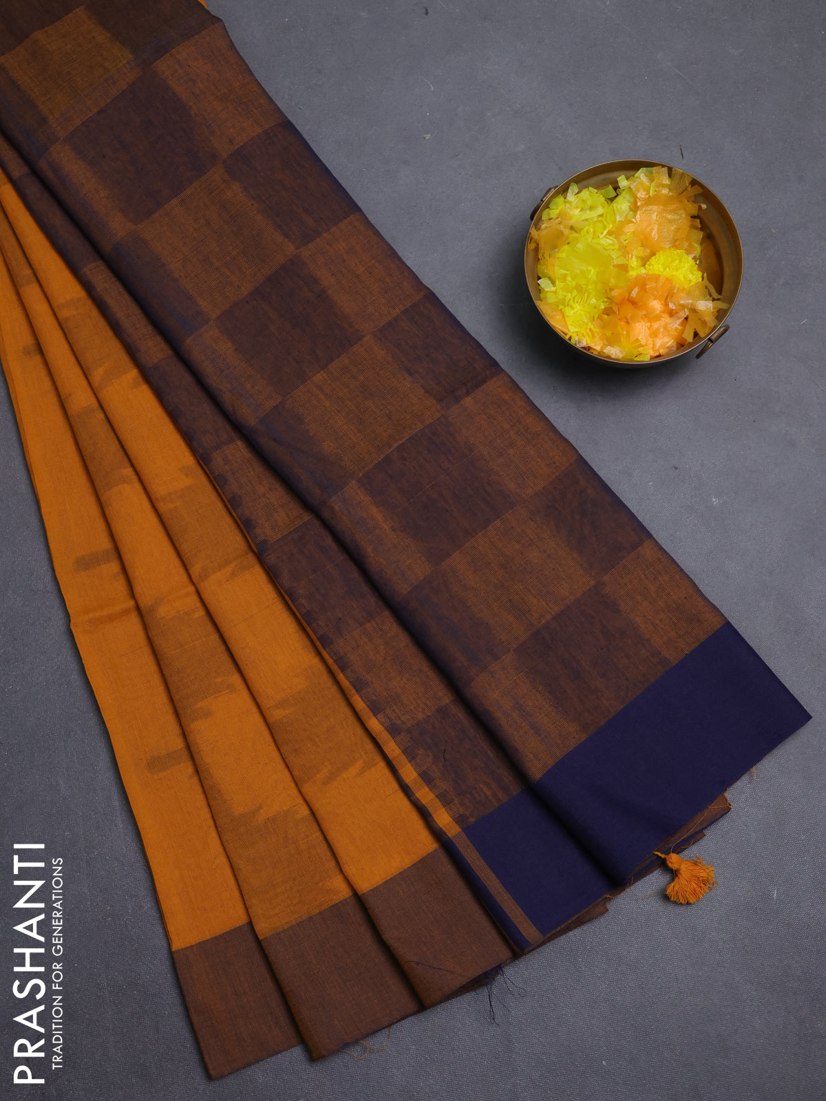 Bengal soft cotton saree mango yellow and navy blue with allover weaves and simple border