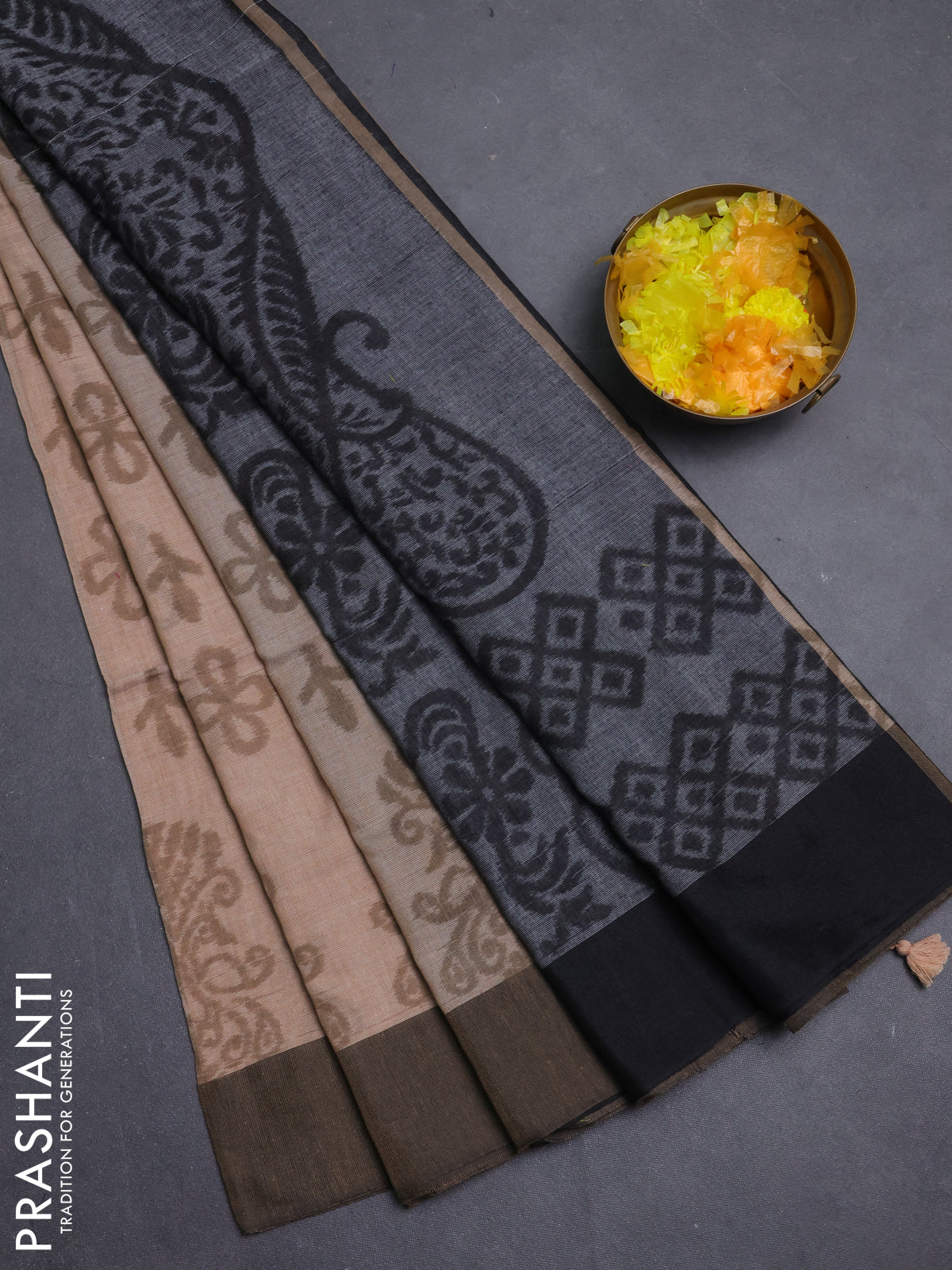 Bengal soft cotton saree sandal and grey with allover weaves and simple border