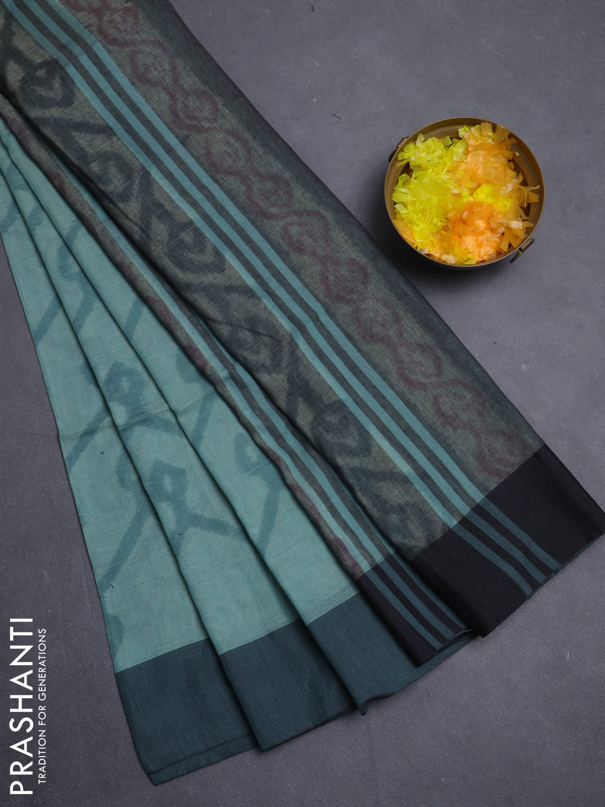 Bengal soft cotton saree pastel green and black with allover weaves and simple border