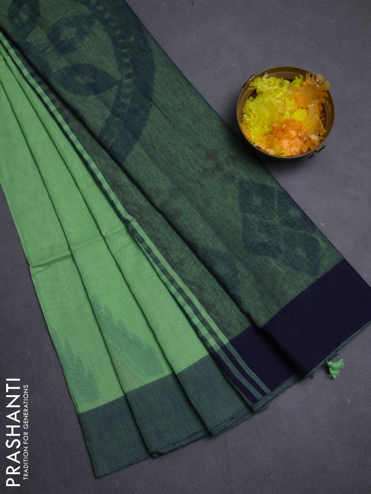 Bengal soft cotton saree pastel green and navy blue with weaves and simple border