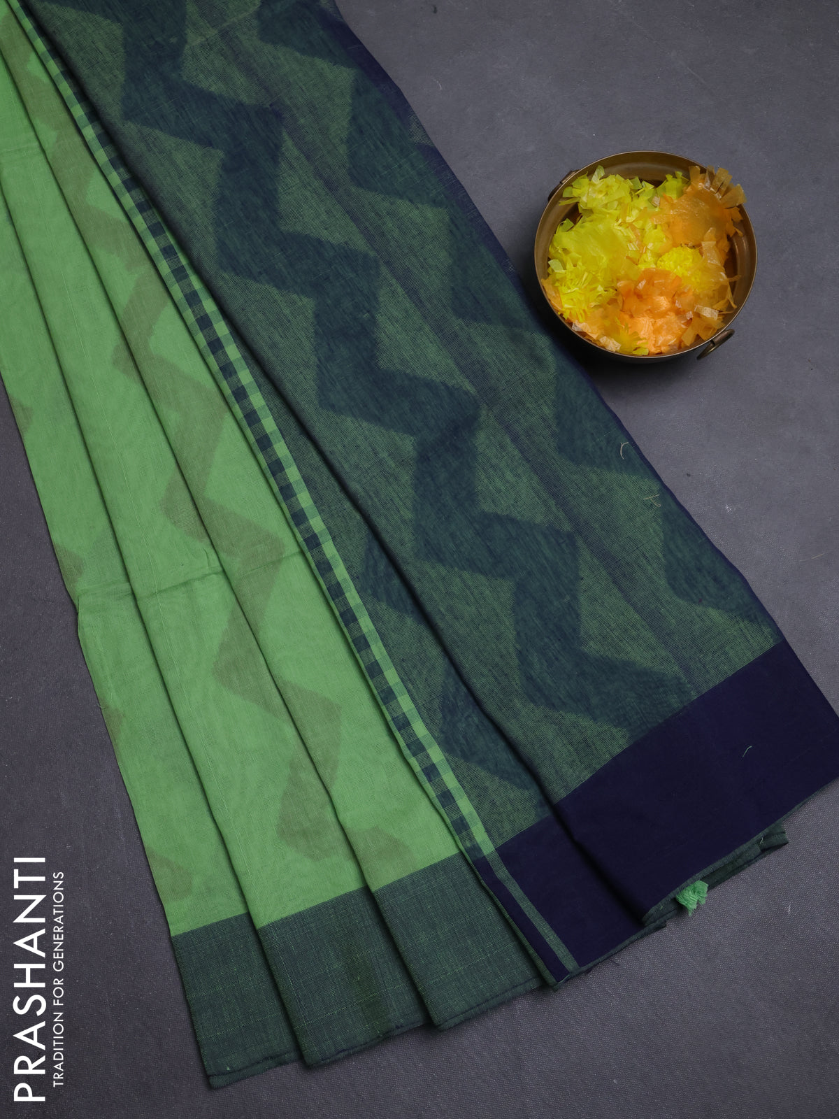 Bengal soft cotton saree pista green and navy blue with allover weaves and simple border