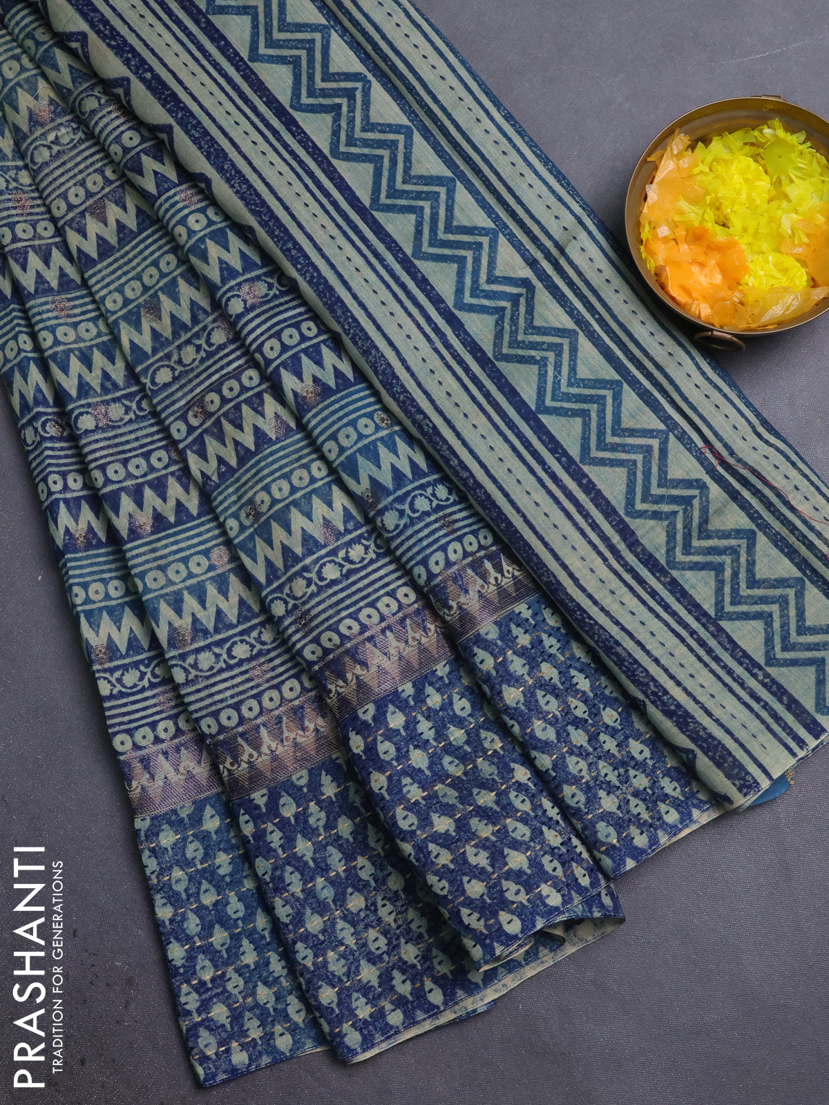 Chanderi silk cotton saree blue with allover prints & woven buttas and kanth stitch work border