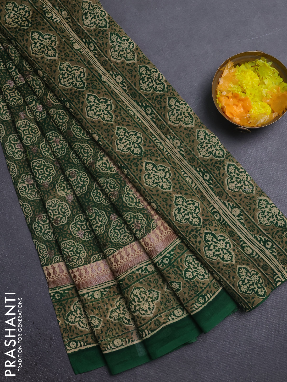 Chanderi silk cotton saree green with allover prints & woven buttas and woven border
