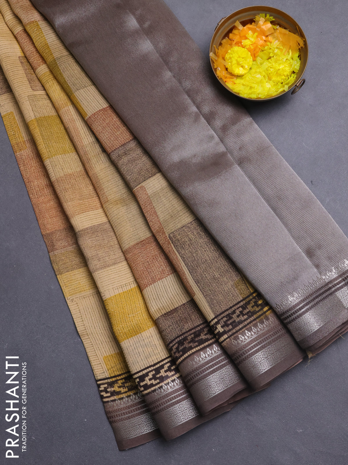 Chanderi silk cotton saree brown with allover prints and silver zari woven border