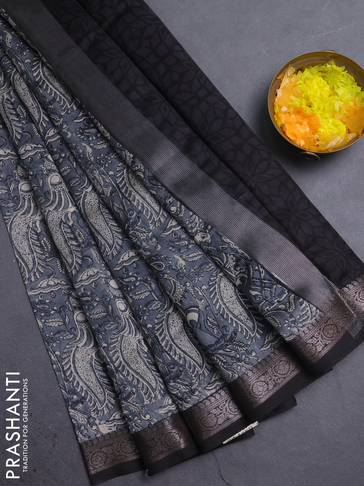 Chanderi silk cotton saree grey and black with allover kalamkari prints and banarasi style border