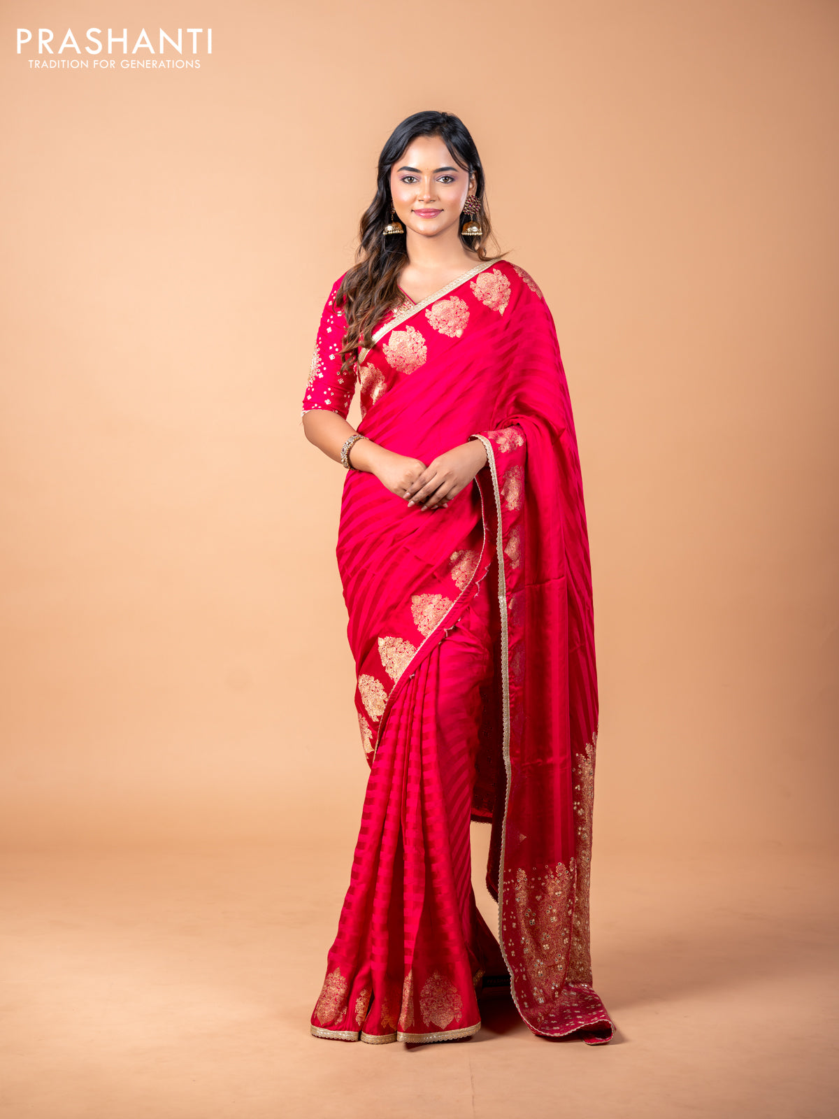 Banarasi crepe saree pink with stripes pattern and mirror work & banarasi style border