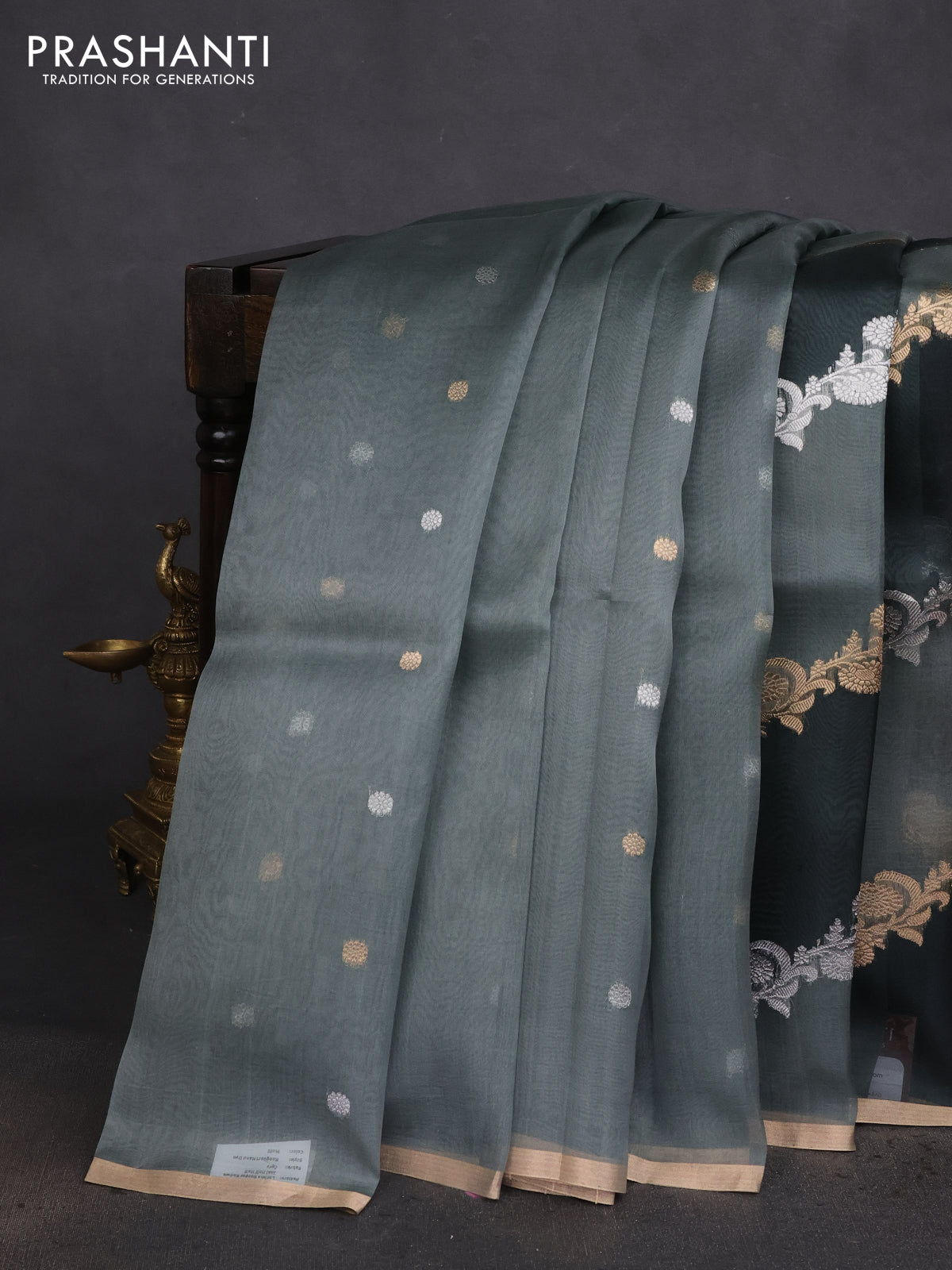 Banarasi organza silk saree greyish green with silver & gold zari weaves and zari woven piping boder