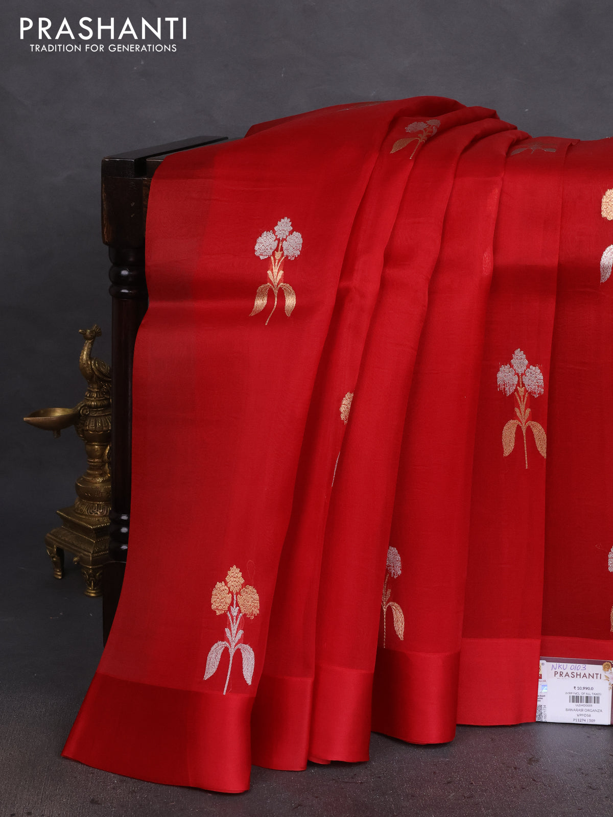 Banarasi organza silk saree maroon with zari woven floral buttas and simple border