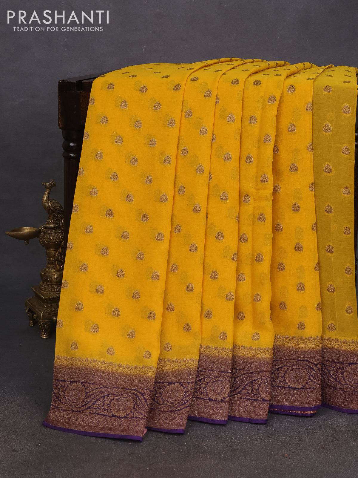Banarasi semi georgette saree lime yellow and violet with allover thread & zari woven buttas and woven border