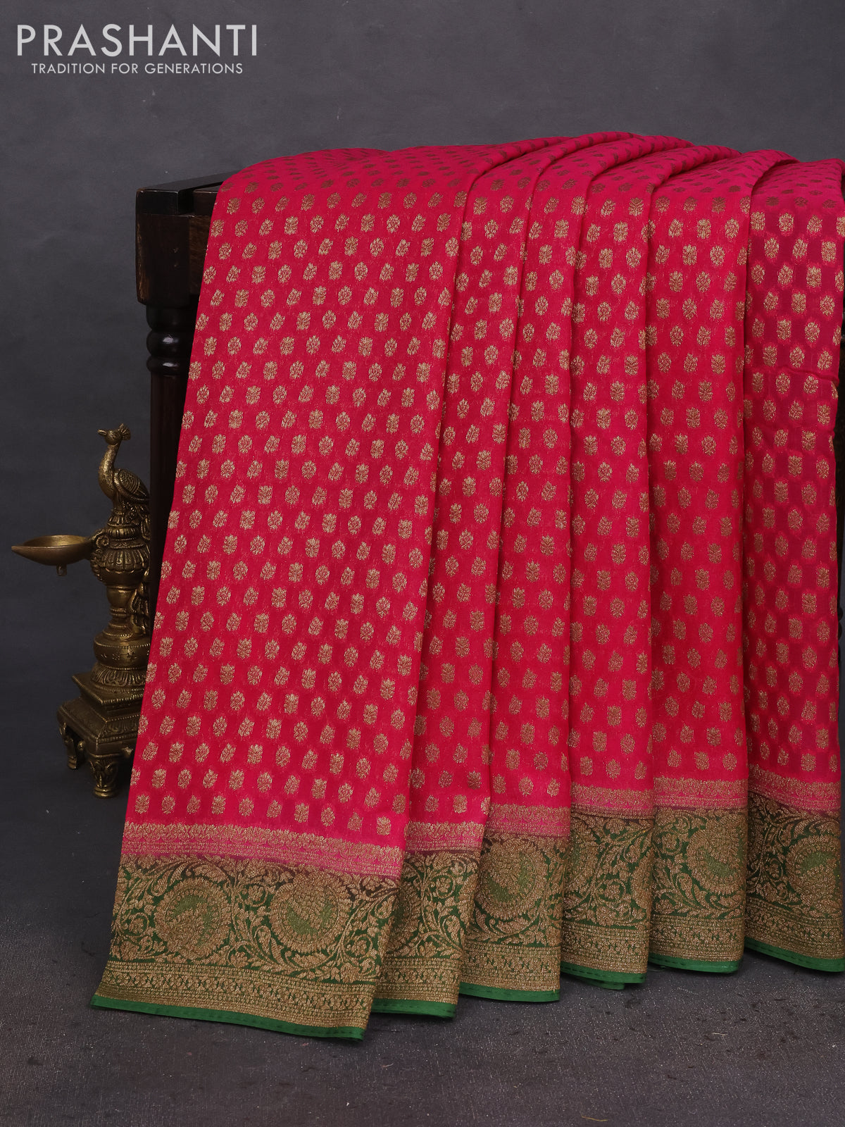 Banarasi semi georgette saree pink and green with allover thread & zari woven buttas and woven border