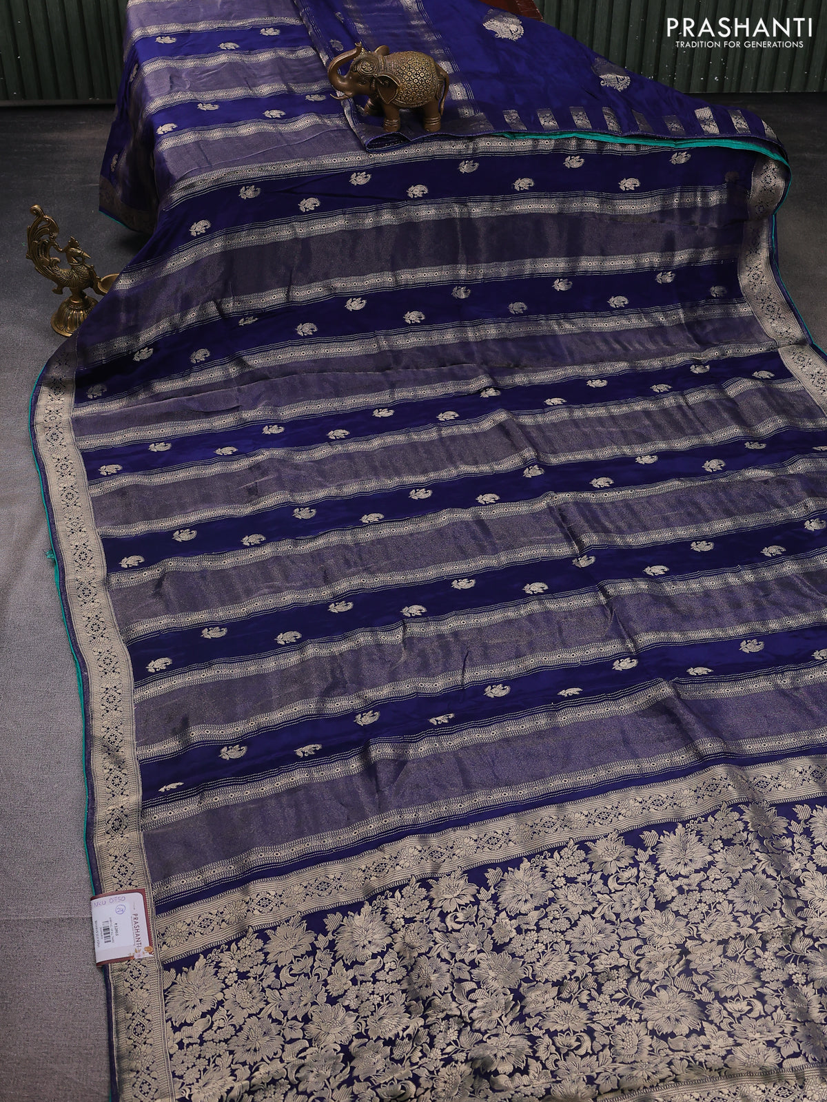 Banarasi silk saree dark blue and teal green with allover zari weaves and zari woven border