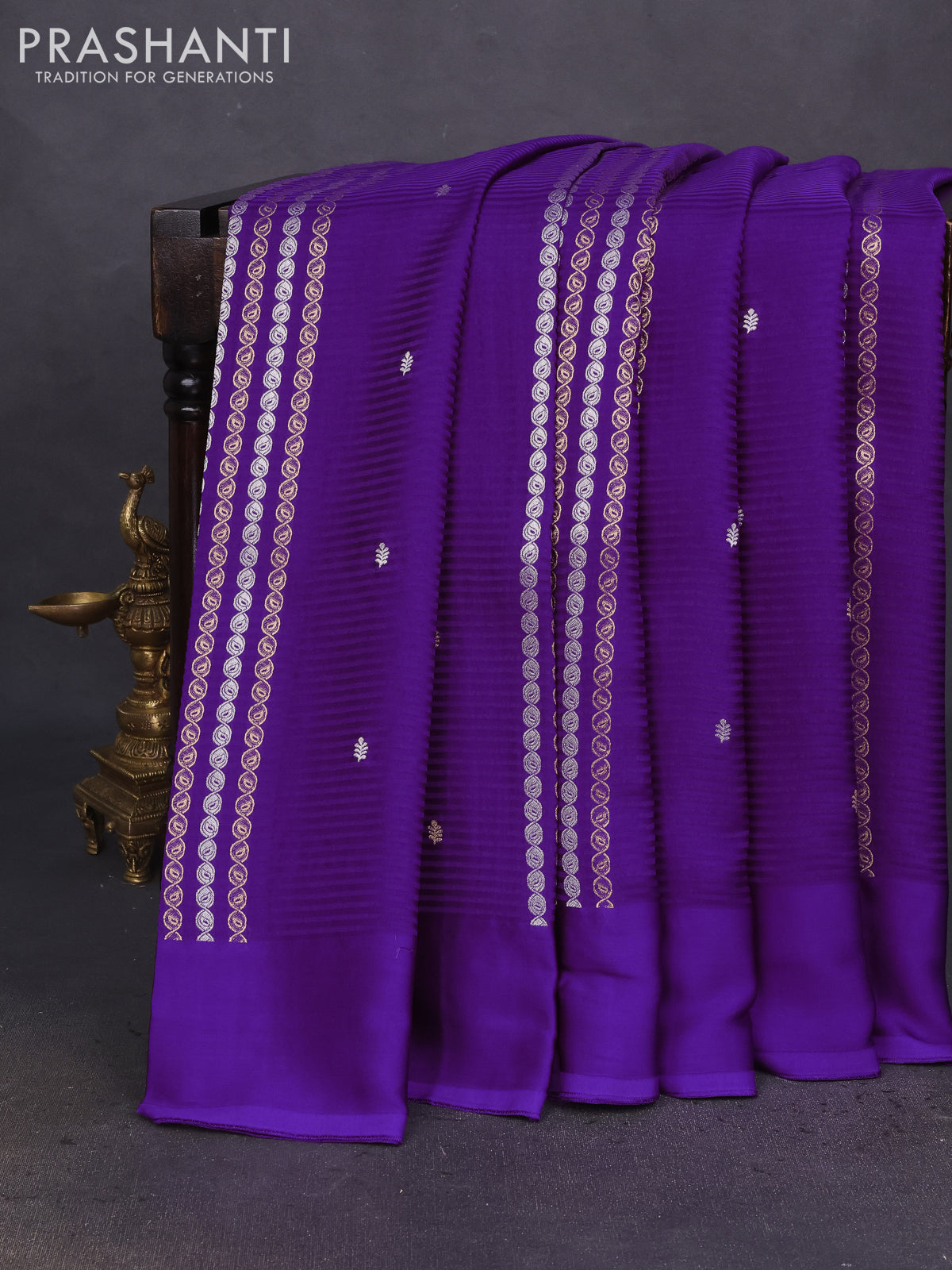 Banarasi mushru silk saree violet with allover stripes pattern & zari weaves and satin border