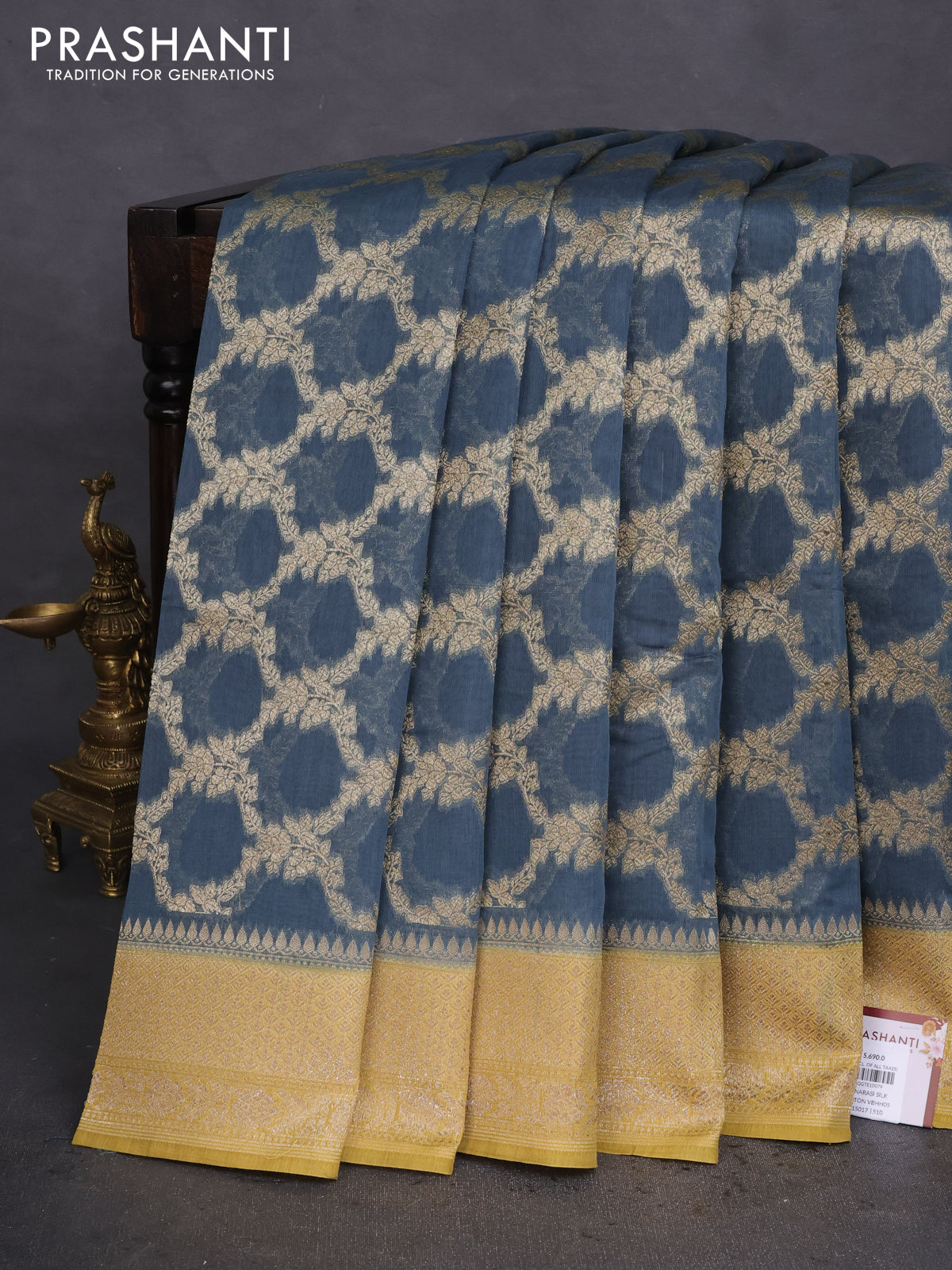 Banarasi silk cotton saree greyish blue and mustard yellow with allover thread & zari weaves and woven border
