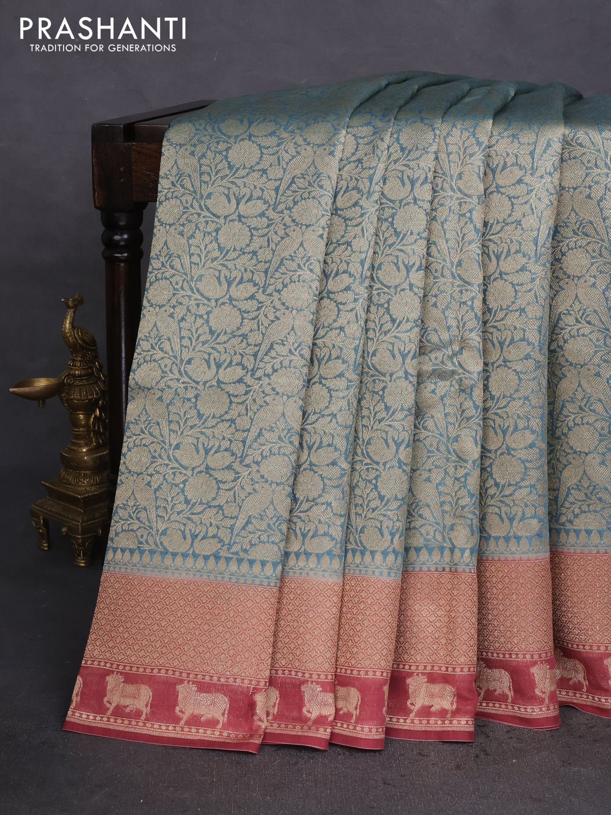 Banarasi silk cotton saree pastel blue and maroon shade with allover zari woven brocade weaves and woven border