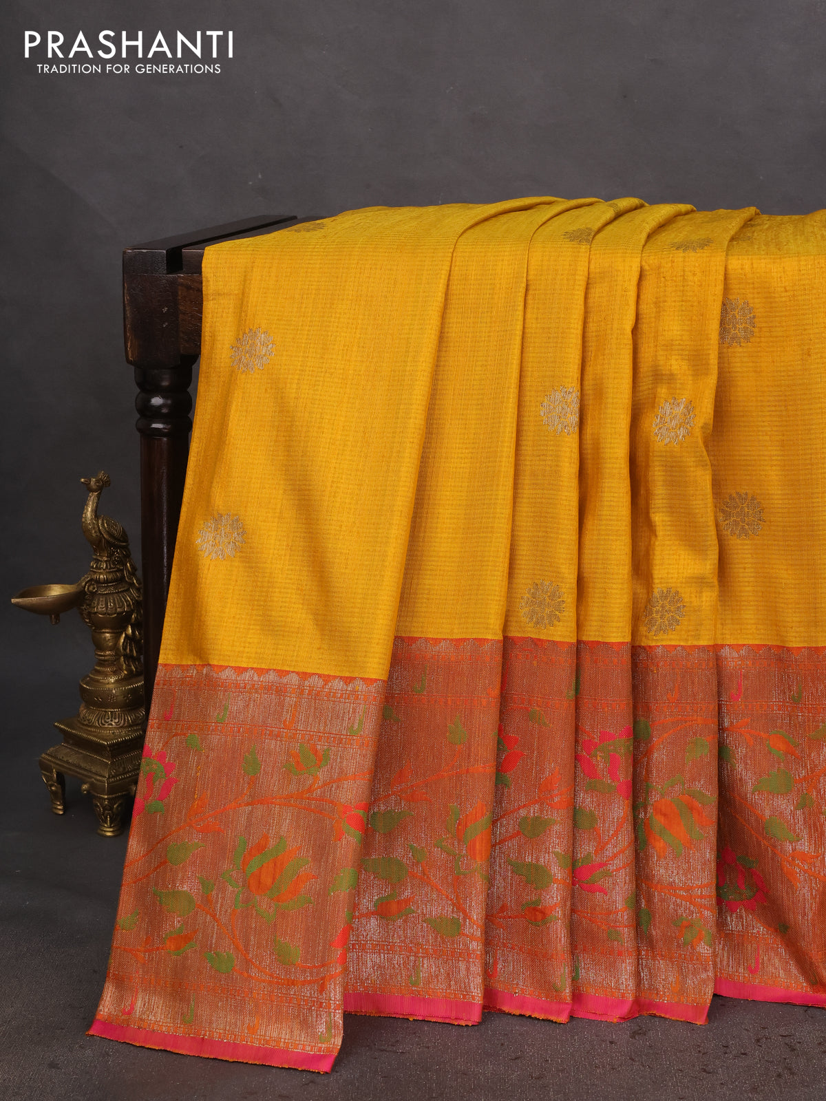 Banarasi handloom dupion silk saree mustard yellow and pink with thread & zari woven buttas and long rich floral design zari border