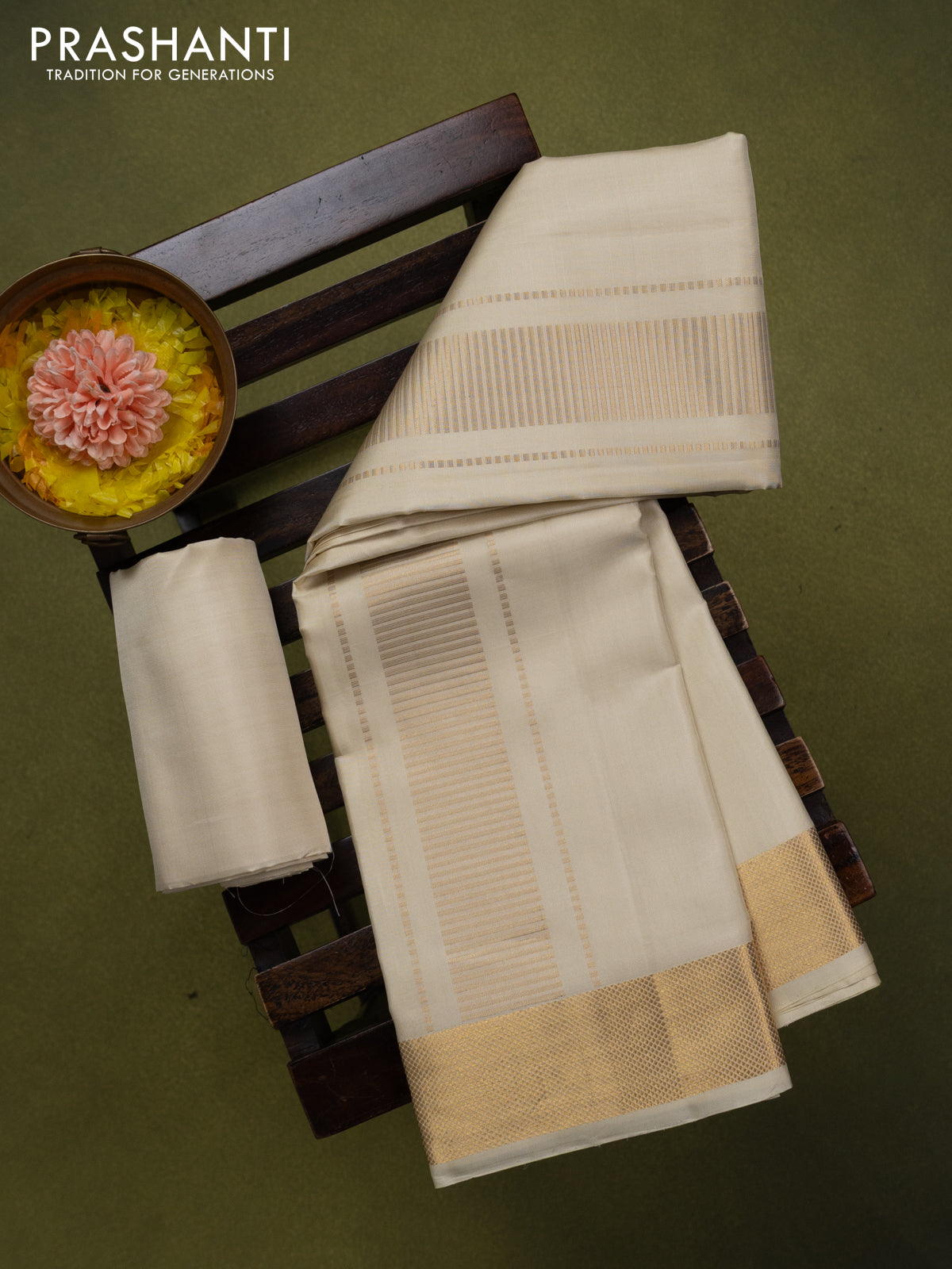 9x5 Pure silk dhoti and matching shirt bit cream with zari woven border