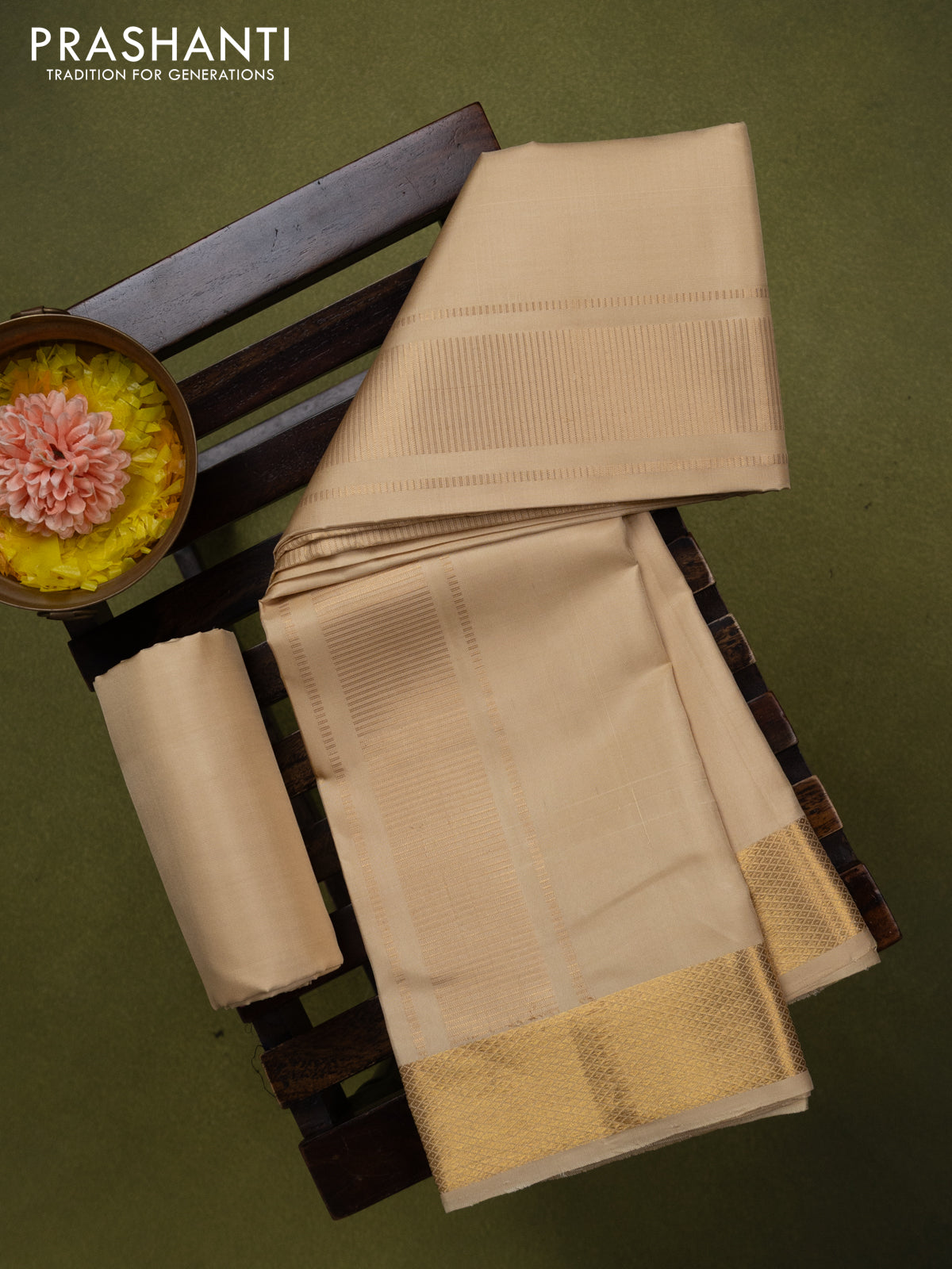 9x5 Pure silk dhoti and matching shirt bit cream with zari woven border
