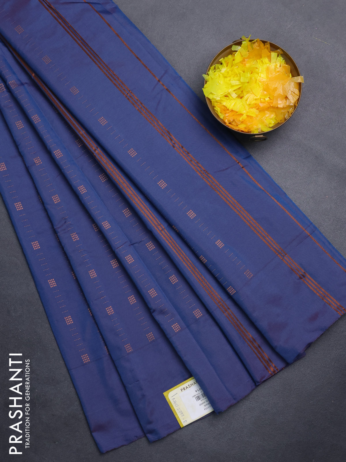 Arani semi silk saree dual shade of blue with allover copper zari weaves in borderless style