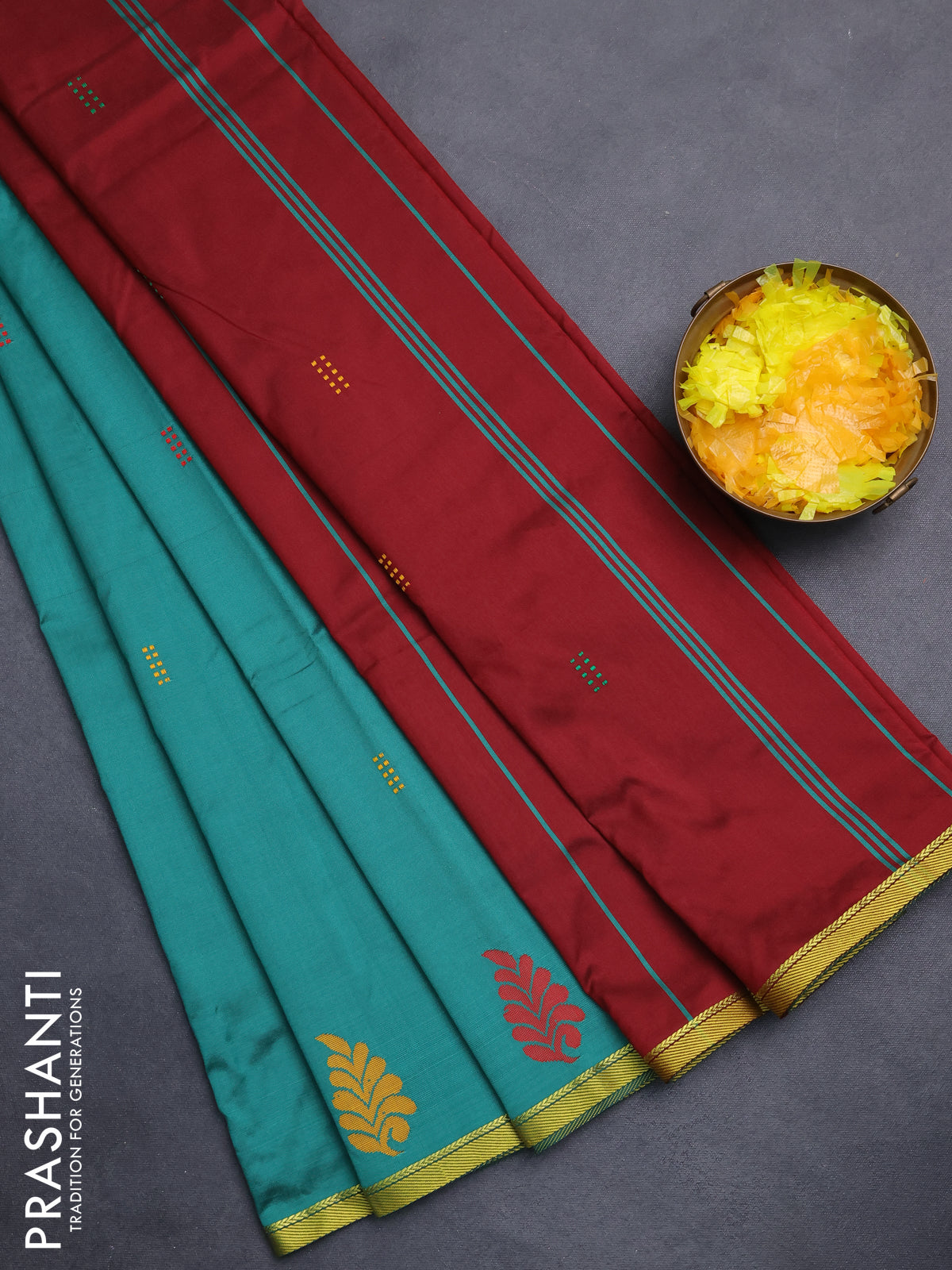 Arani semi silk saree teal green and maroon with thread woven buttas and piping border