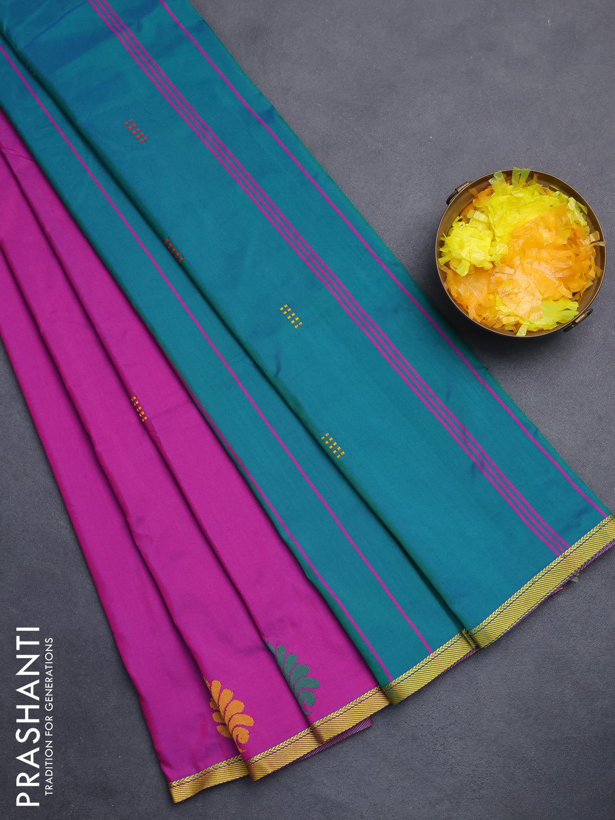 Arani semi silk saree purple and dual shade of teal green with thread woven buttas and piping border