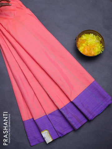 Arani semi silk saree peach pink and violet with allover copper zari weaves and zari woven border