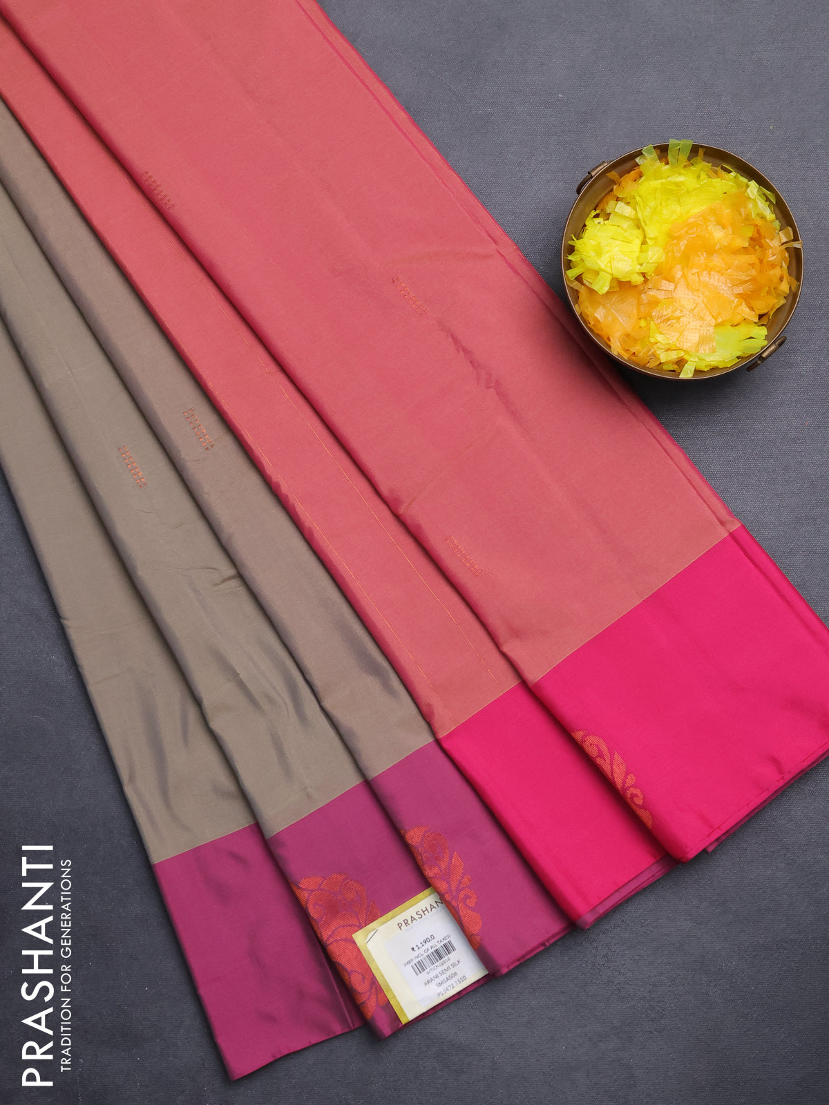 Arani semi silk saree grey shade and dual shade of pink with copper zari woven buttas and copper zari woven butta border