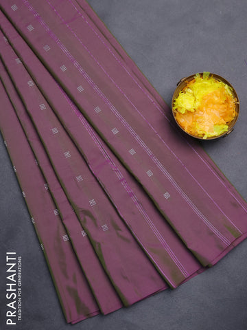 Arani semi silk saree dual shade of greenish purple with silver zari woven buttas in borderless style