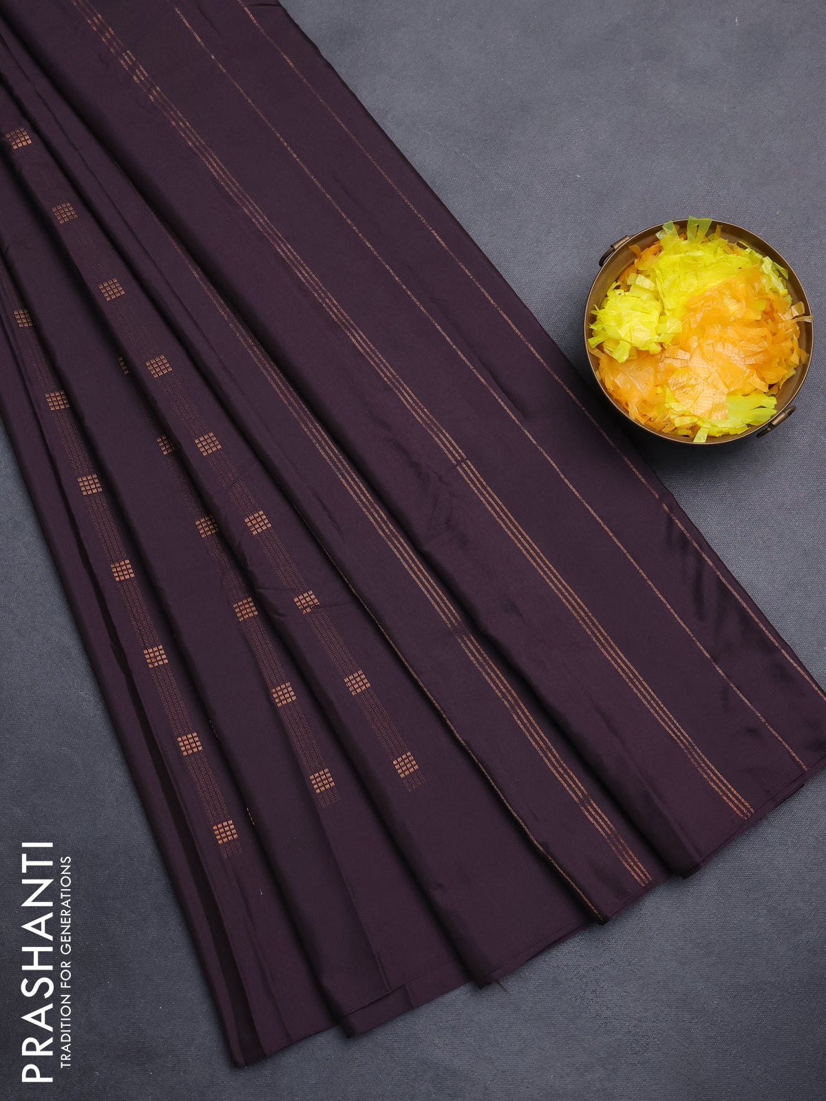 Arani semi silk saree deep jamun with copper zari woven buttas in borderless style