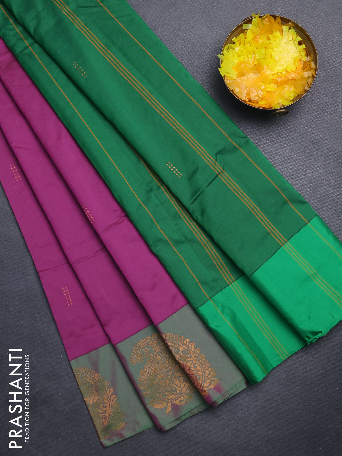 Arani semi silk saree dark magenta pink and dual shade green with zari woven buttas and paisley zari woven butta border