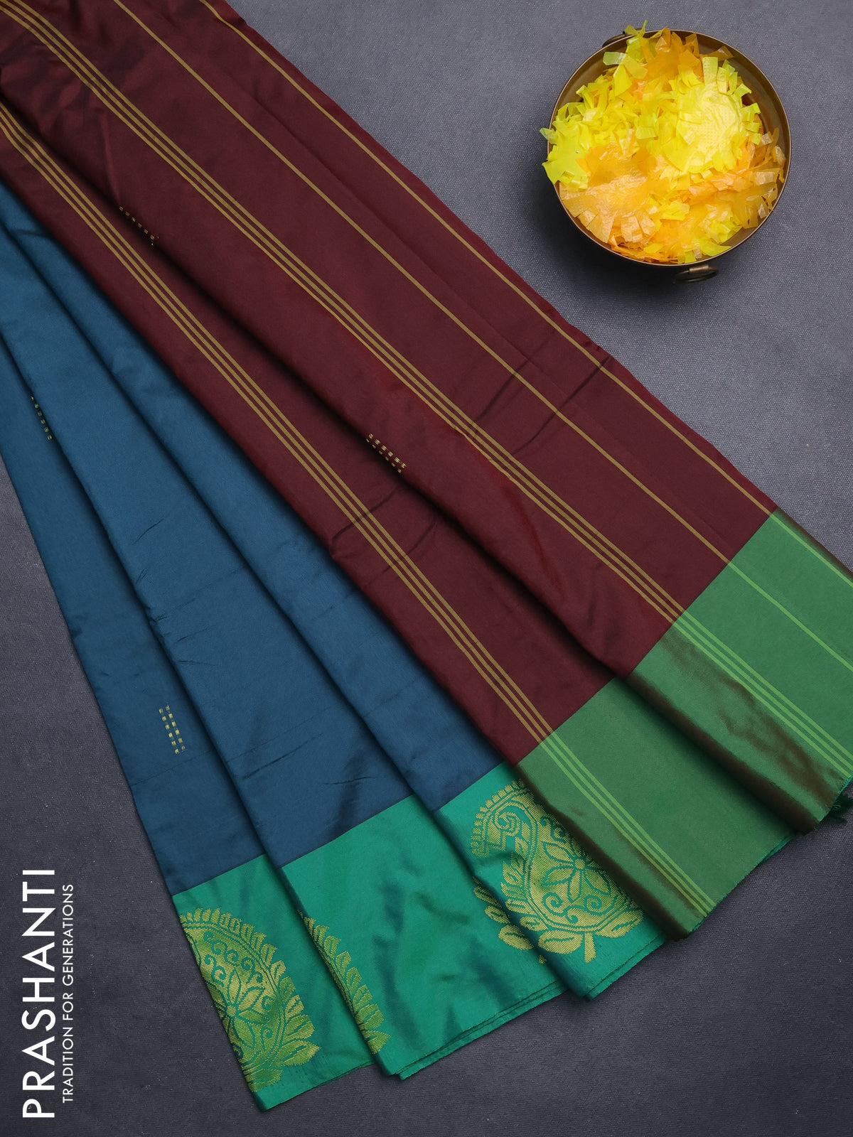 Arani semi silk saree peacock green and green with zari woven buttas and paisley zari woven butta border