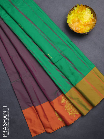 Arani semi silk saree dual shade of greenish purple and sunset orange with zari woven buttas and paisley zari woven butta border