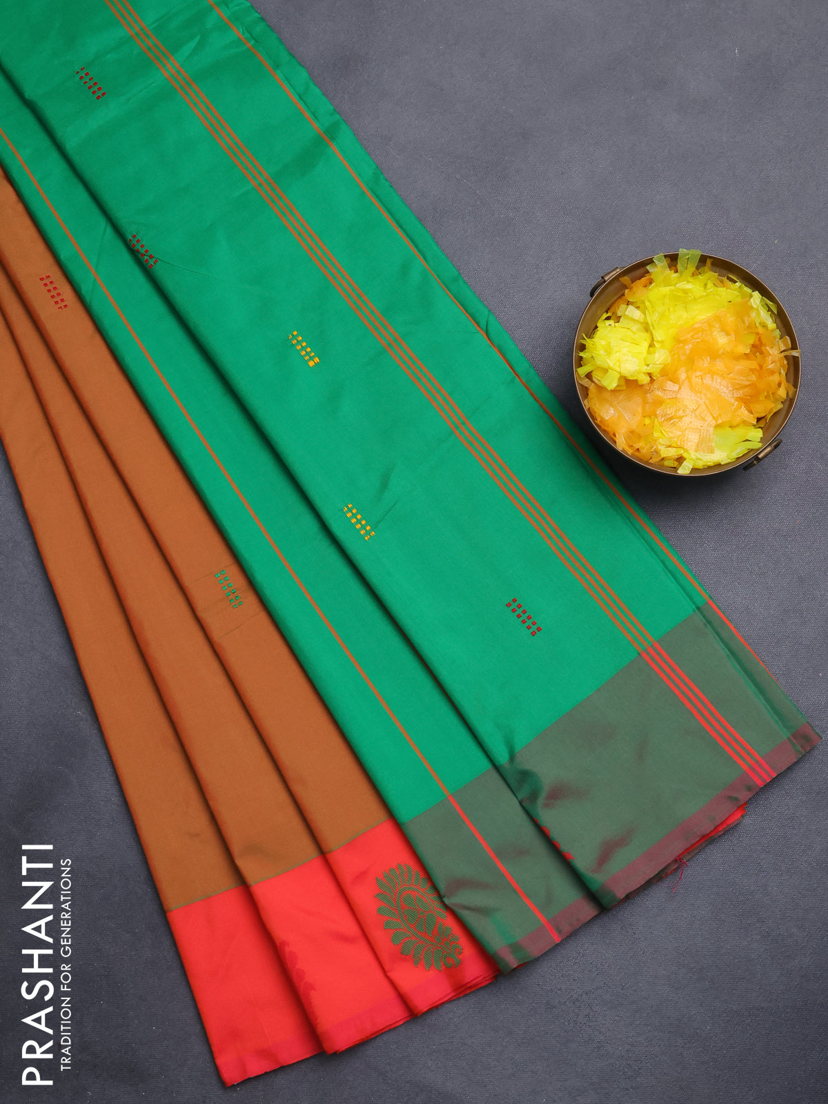 Arani semi silk saree dual shade of mustard and dual shade of green with thread woven buttas and thread woven butta border