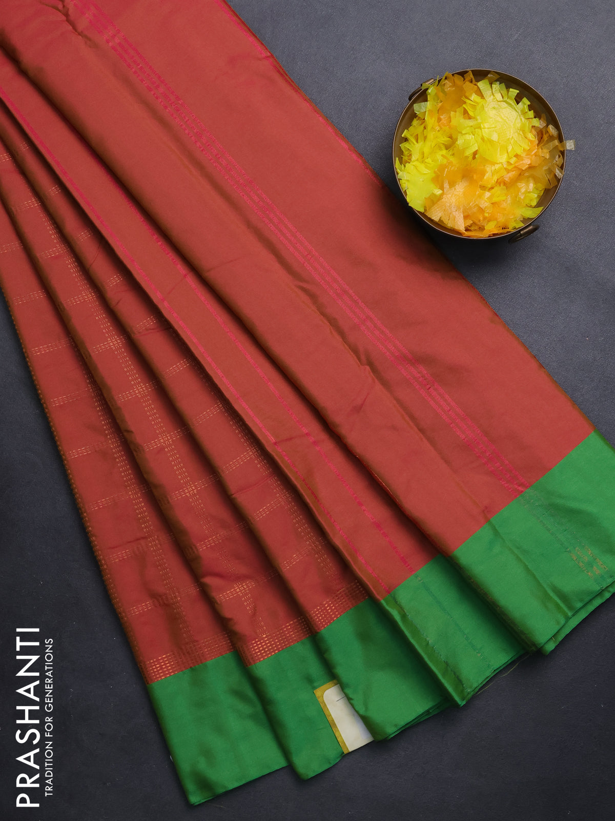 Arani semi silk saree dual shade of pink and green with allover copper zari checked pattern and copper zari woven simple border