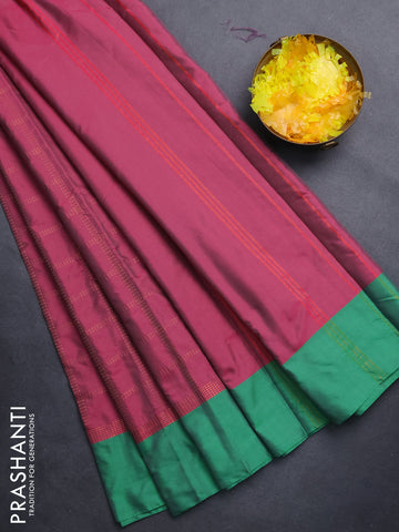 Arani semi silk saree pink and green with allover copper zari checked pattern and copper zari woven simple border