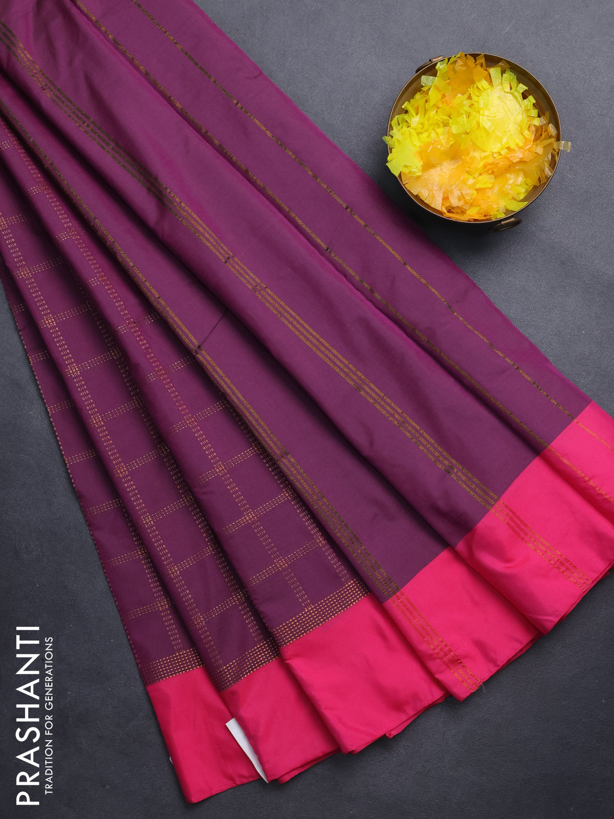 Arani semi silk saree wine shade and pink with allover copper zari checked pattern and copper zari woven simple border