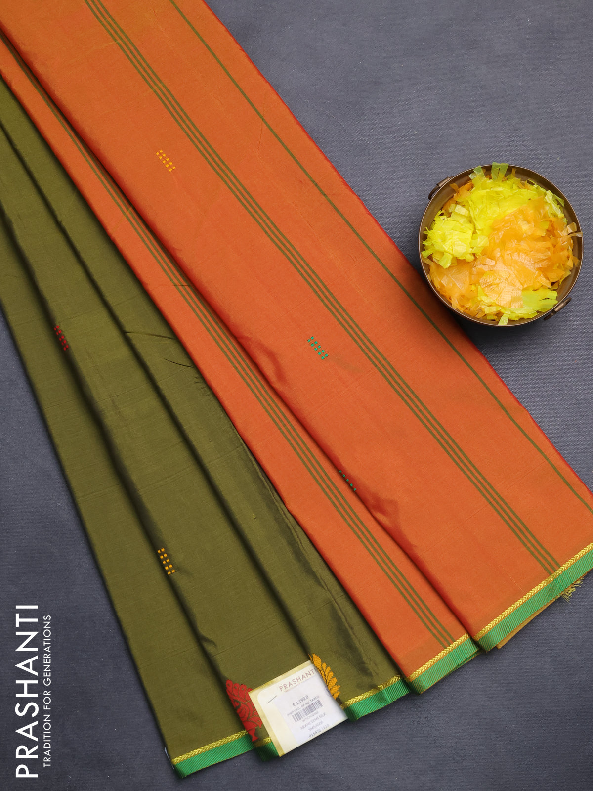 Arani semi silk saree sap green and dual shade of yellowish pink with thread woven buttas and thread woven butta border