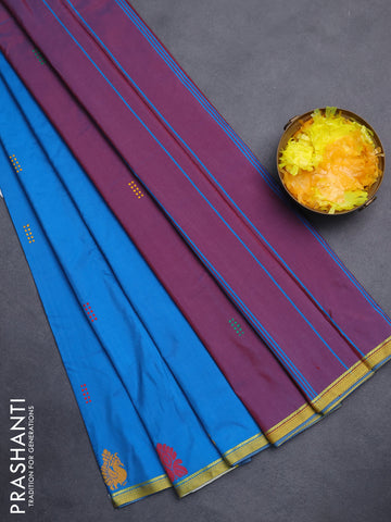 Arani semi silk saree cs blue and dual shade of maroon with thread woven buttas and thread woven butta border