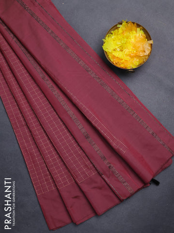 Arani semi silk saree maroon with allover copper zari woven checks in borderless style