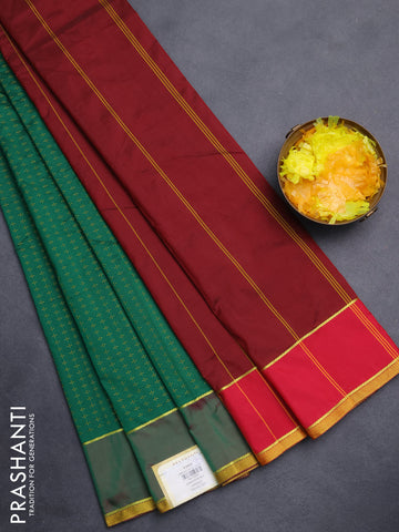 Arani semi silk saree green and maroon with allover thread weaves and rettapet zari woven border`