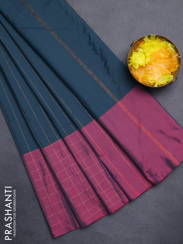Arani semi silk saree peacock green and mauve pink with allover copper zari weaves and zari checked border