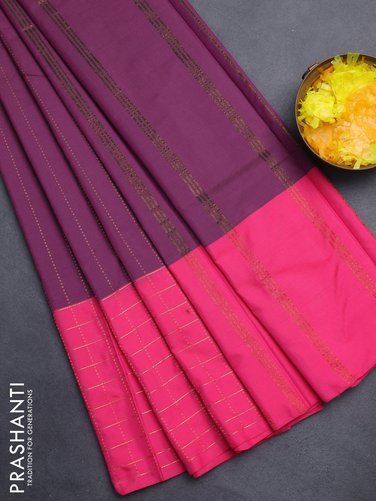 Arani semi silk saree wine shade and pink with allover copper zari weaves and zari checked border